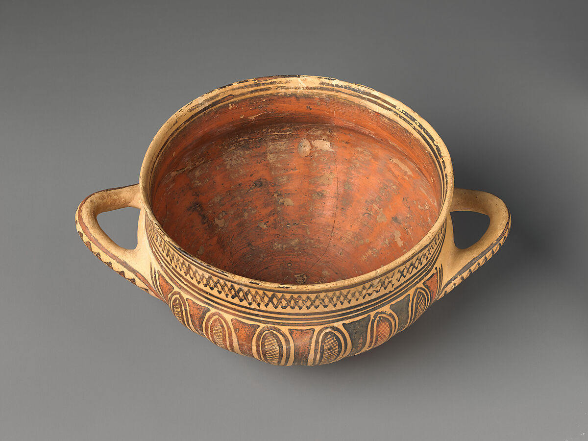 Terracotta skyphos (drinking cup with two handles), Terracotta, Greek, Attic