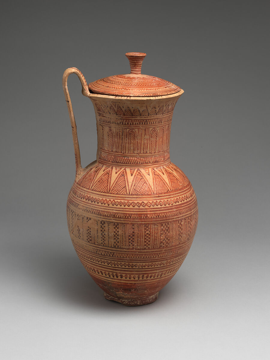Terracotta pitcher with lid, Terracotta, Greek, Attic