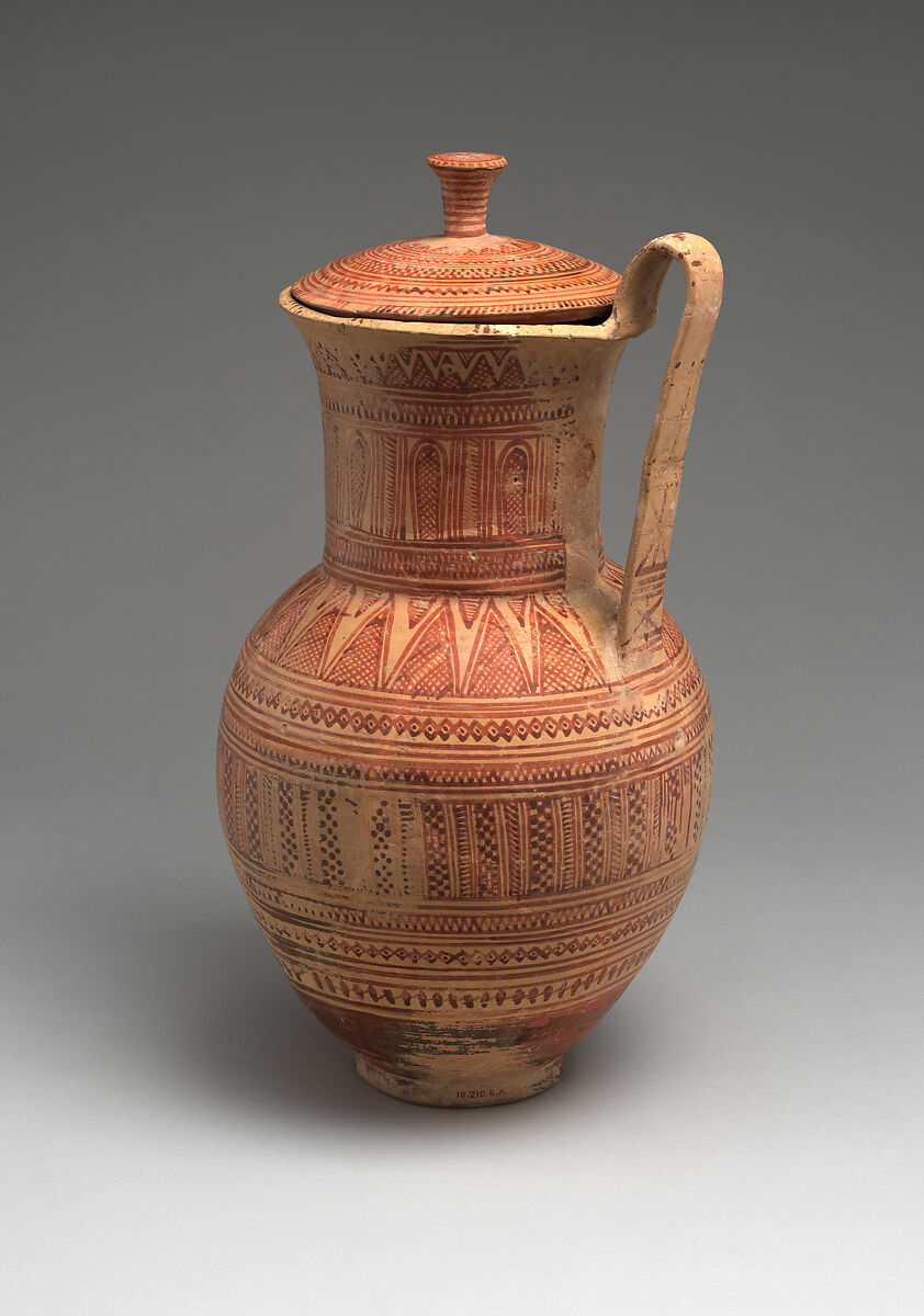 Terracotta pitcher with lid, Terracotta, Greek, Attic