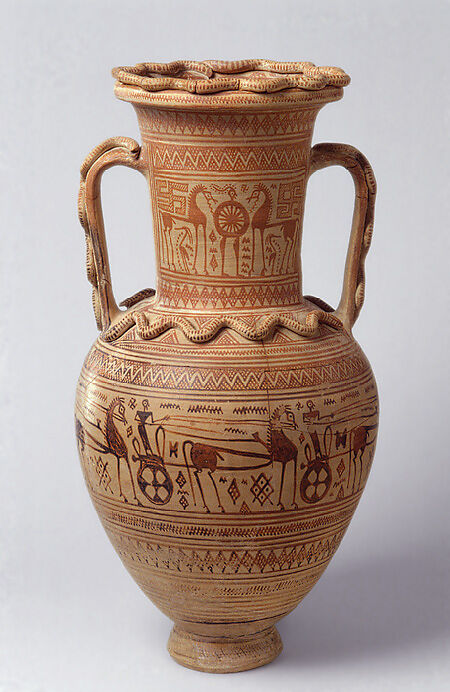 Terracotta neck-amphora, Terracotta, Greek, Attic