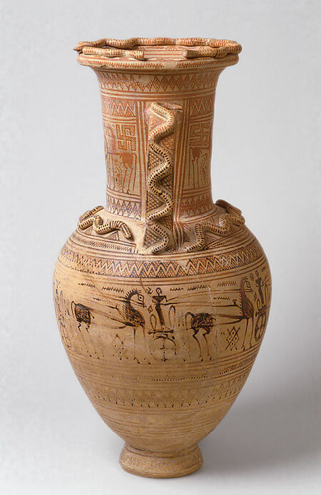 Terracotta neck-amphora, Terracotta, Greek, Attic