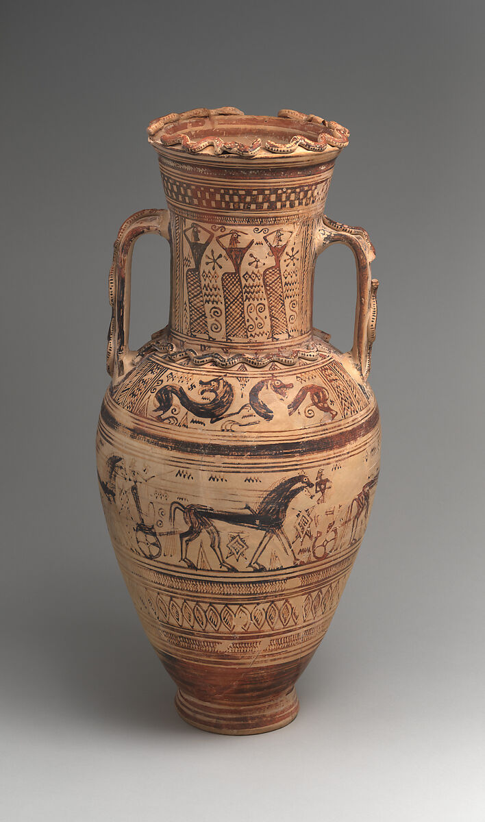 Terracotta neck-amphora, Terracotta, Greek, Attic