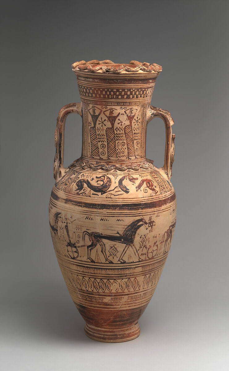 Terracotta neck-amphora, Terracotta, Greek, Attic