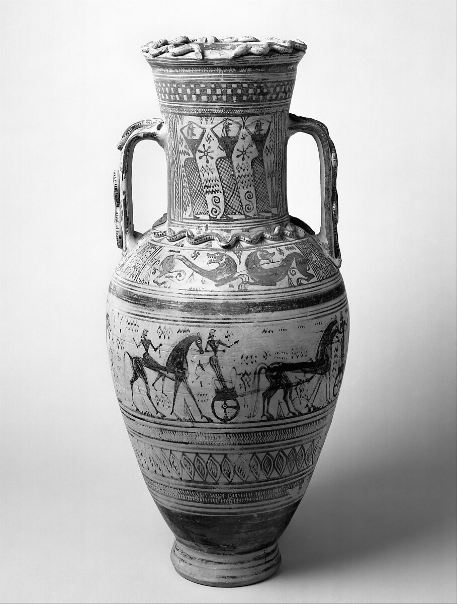 Terracotta neck-amphora, Terracotta, Greek, Attic 