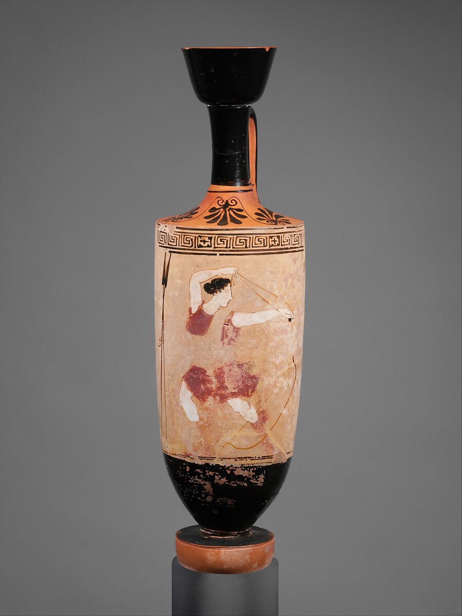 Terracotta lekythos (oil flask), Attributed to the Klügmann Painter, Terracotta, Greek, Attic 