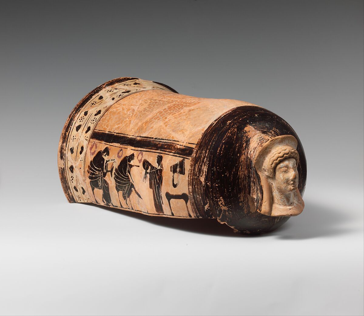 Terracotta onos (leg guard used in carding wool), Akin to the Golonos Group, Terracotta, Greek, Attic 