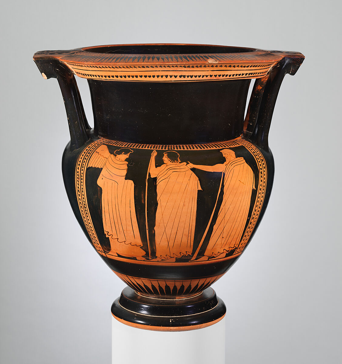 Terracotta column-krater (bowl for mixing wine and water), Attributed to a painter of the Mannerist Group, Terracotta, Greek, Attic