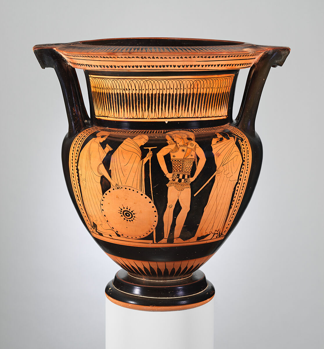 Terracotta column-krater (bowl for mixing wine and water), Attributed to a painter of the Mannerist Group, Terracotta, Greek, Attic 