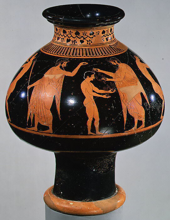Terracotta psykter (vase for cooling wine), Attributed to Oltos, Terracotta, Greek, Attic