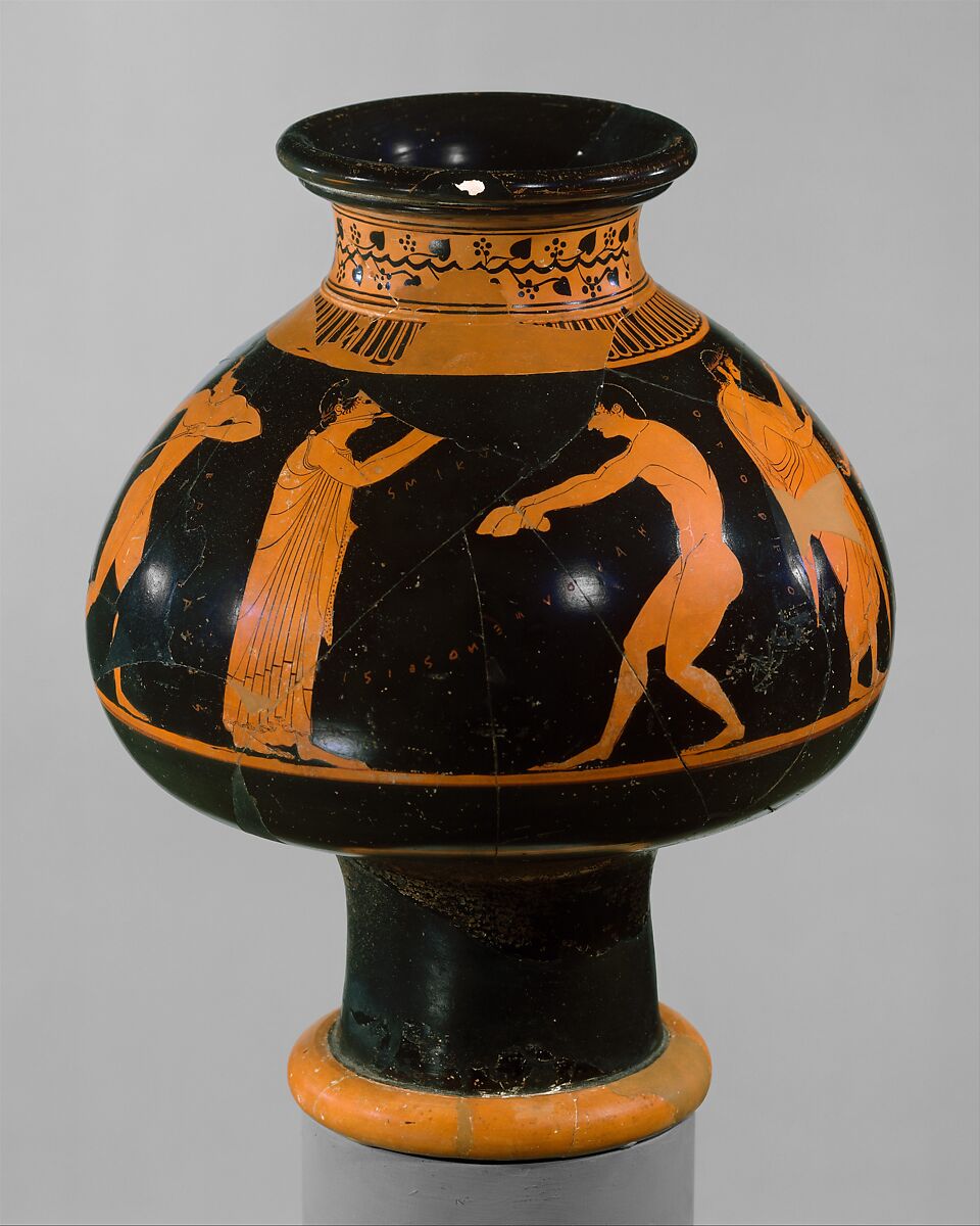 Terracotta psykter (vase for cooling wine), Attributed to Oltos, Terracotta, Greek, Attic