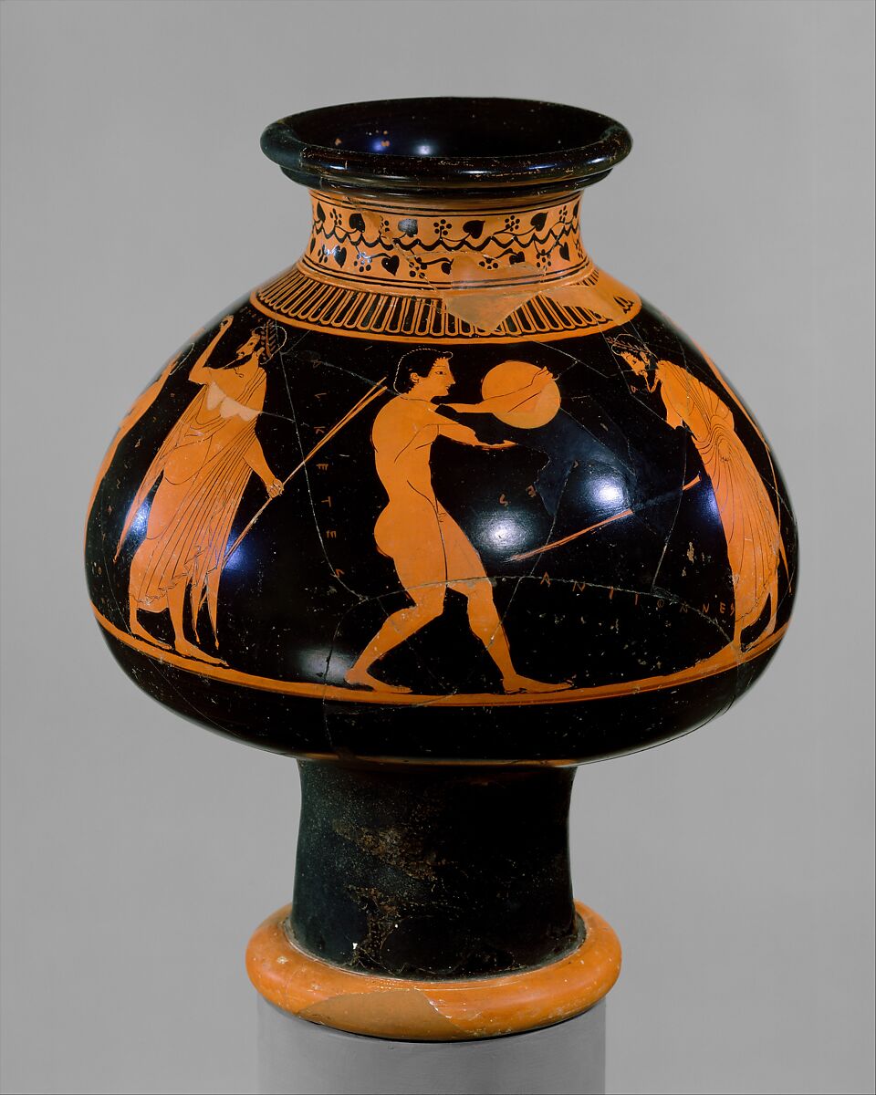 Terracotta psykter (vase for cooling wine), Attributed to Oltos, Terracotta, Greek, Attic