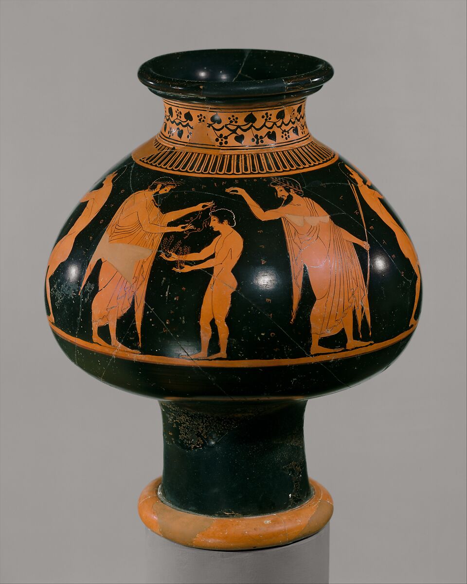 Terracotta psykter (vase for cooling wine), Attributed to Oltos, Terracotta, Greek, Attic