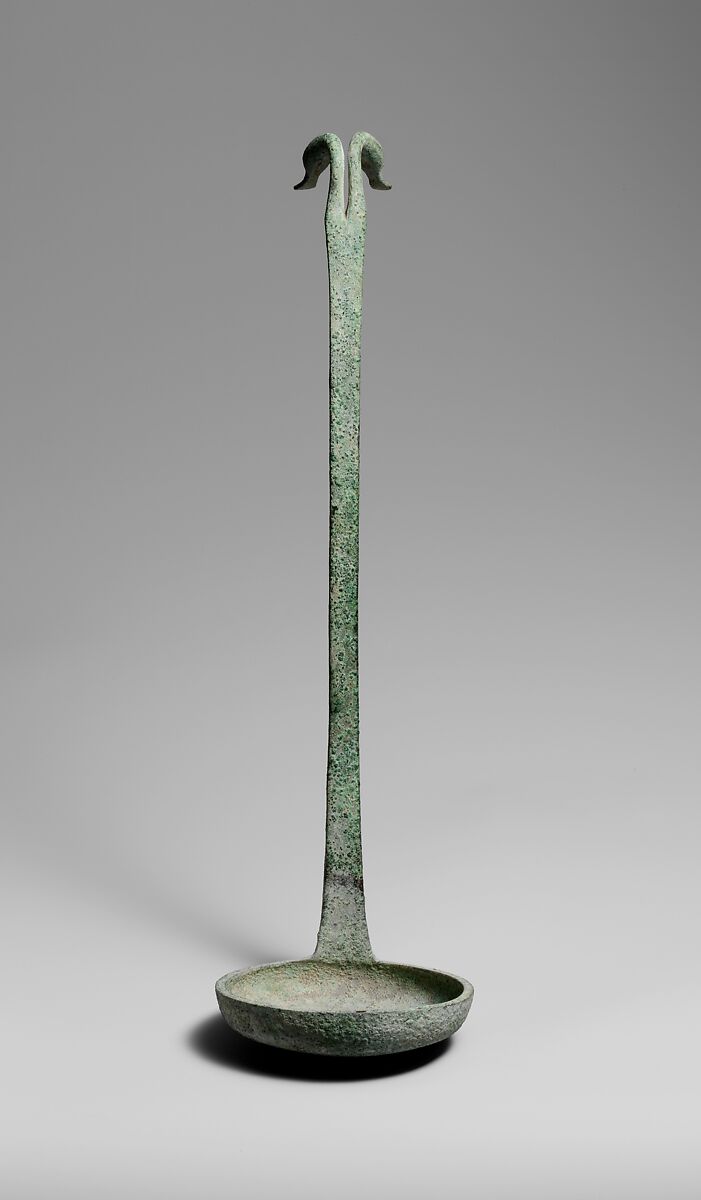 Bronze ladle terminating in two ducks' heads, Bronze, Etruscan 