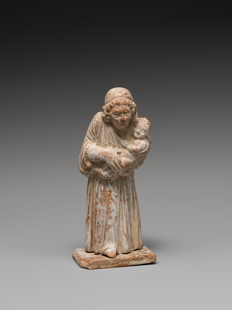 Terracotta statuette of an old nurse holding a child, Terracotta, Greek, Attic or Boeotian