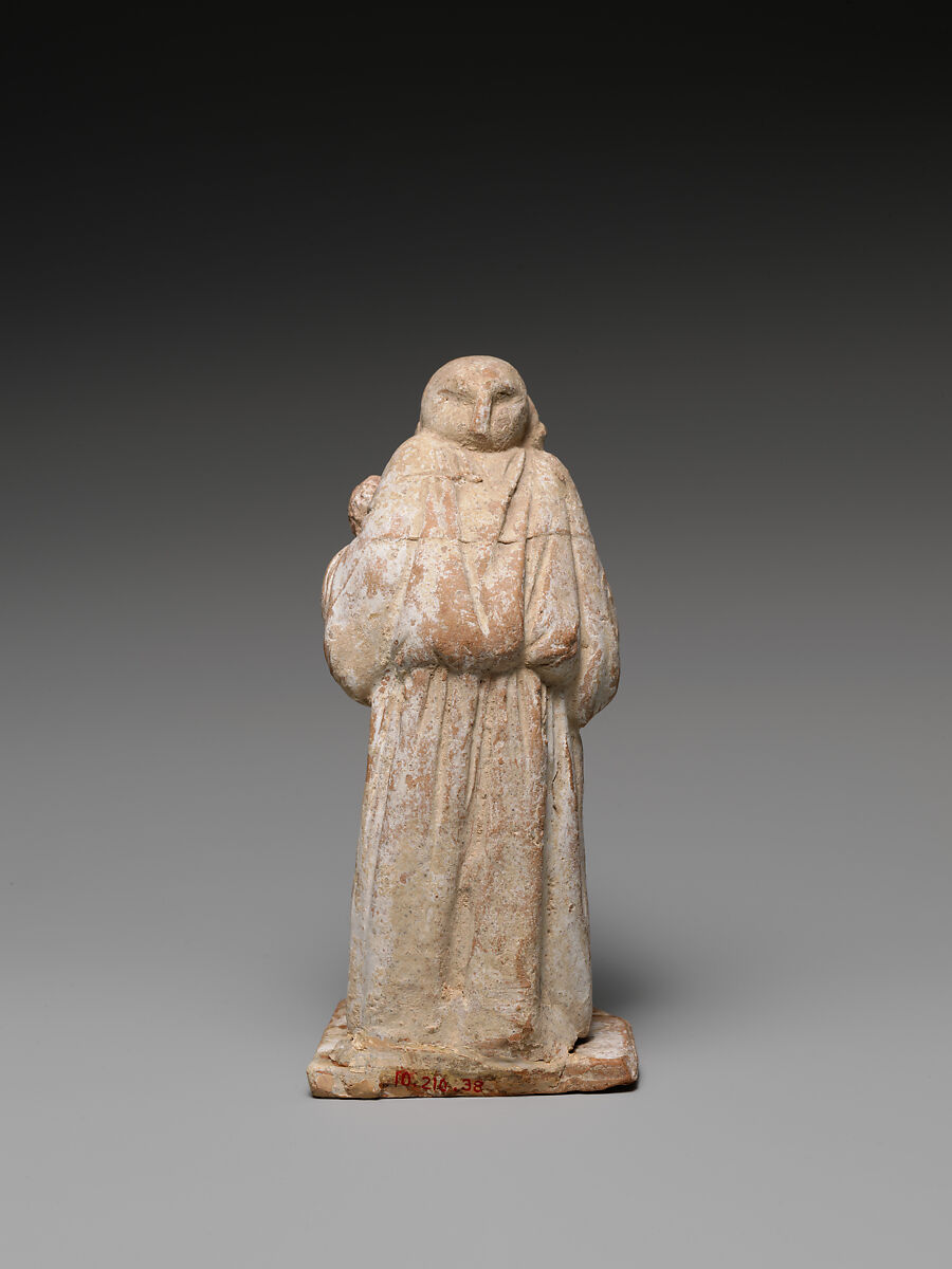 Terracotta statuette of an old nurse holding a child, Terracotta, Greek, Attic or Boeotian