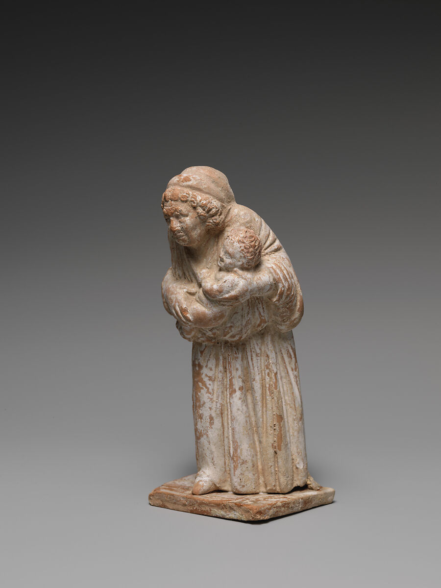 Terracotta statuette of an old nurse holding a child, Terracotta, Greek, Attic or Boeotian