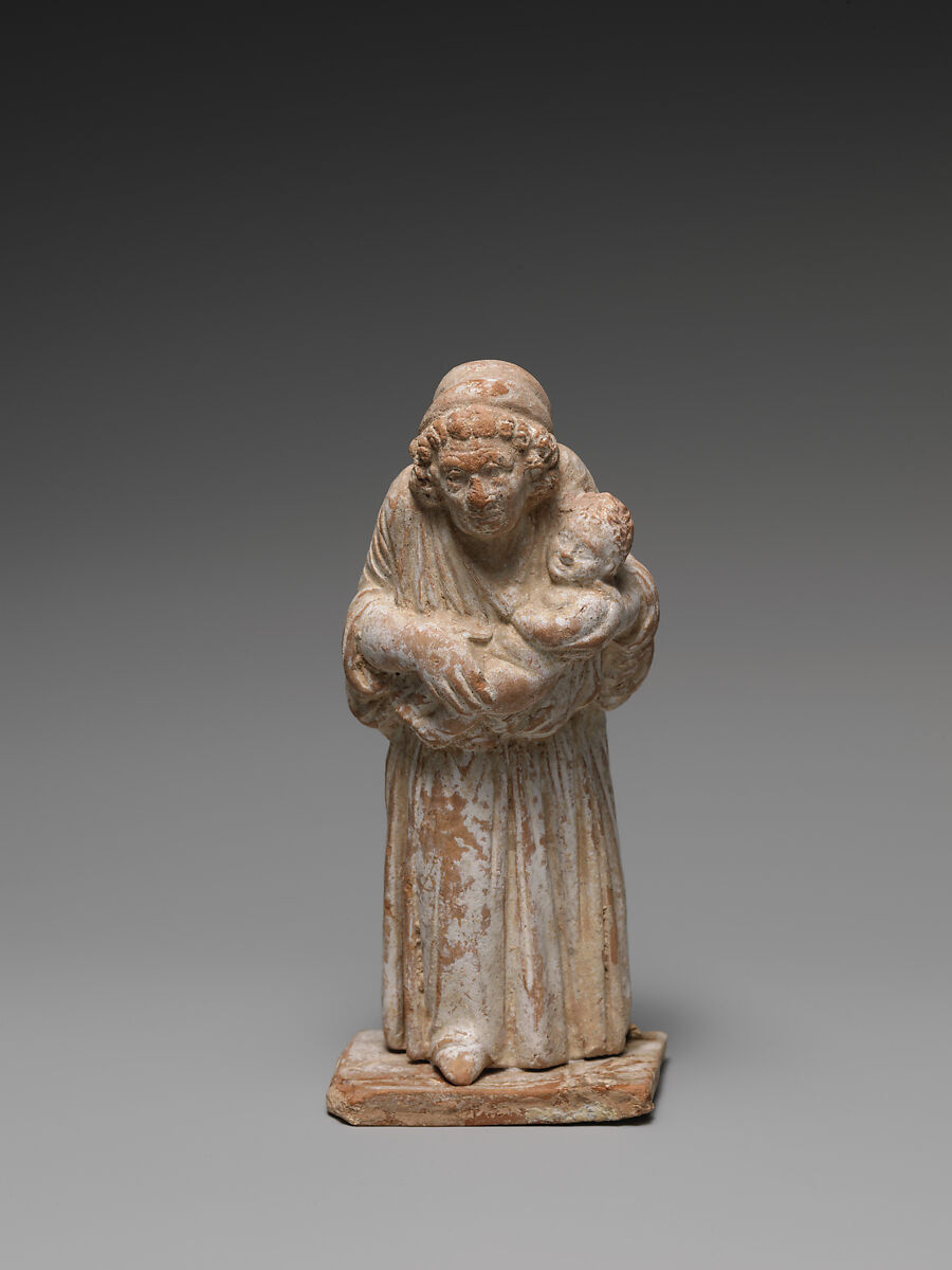 Terracotta statuette of an old nurse holding a child, Terracotta, Greek, Attic or Boeotian 