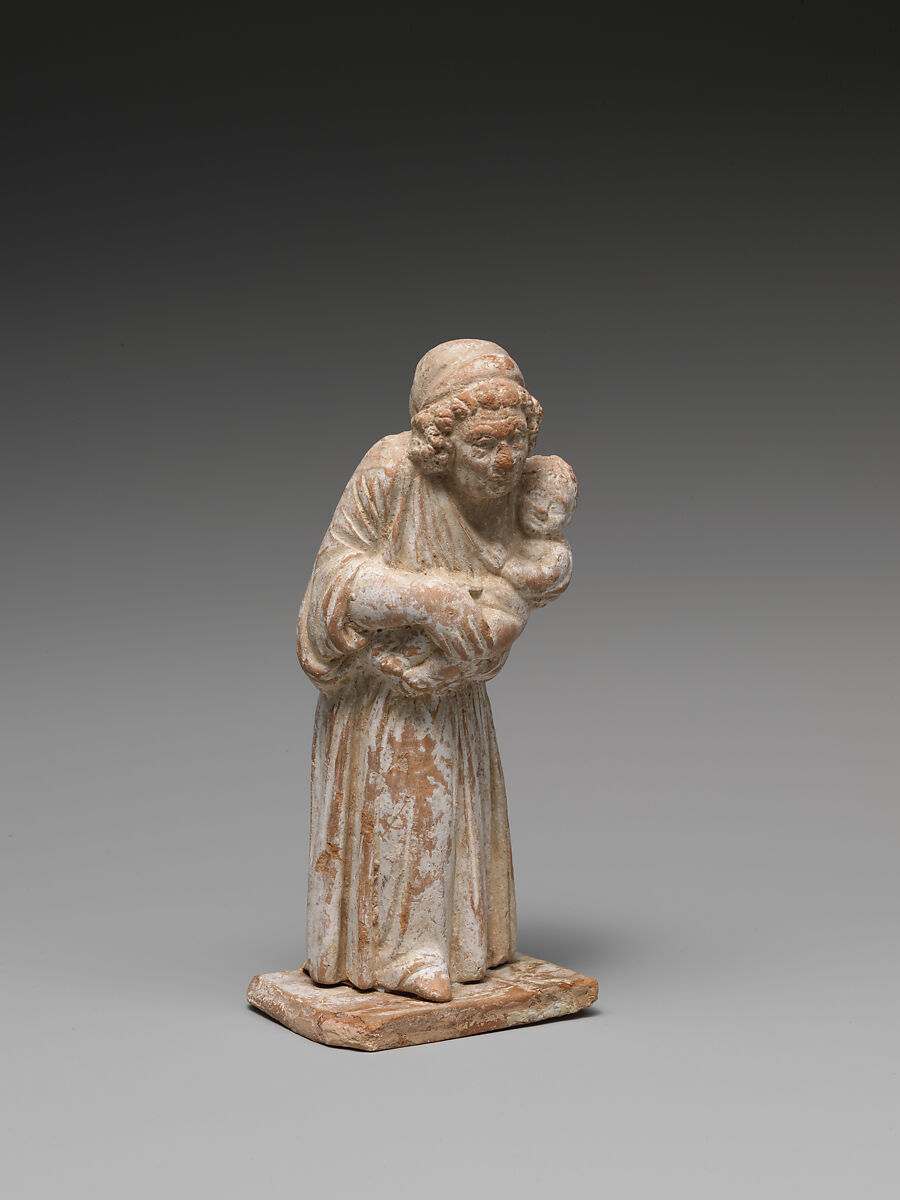 Terracotta statuette of an old nurse holding a child, Terracotta, Greek, Attic or Boeotian