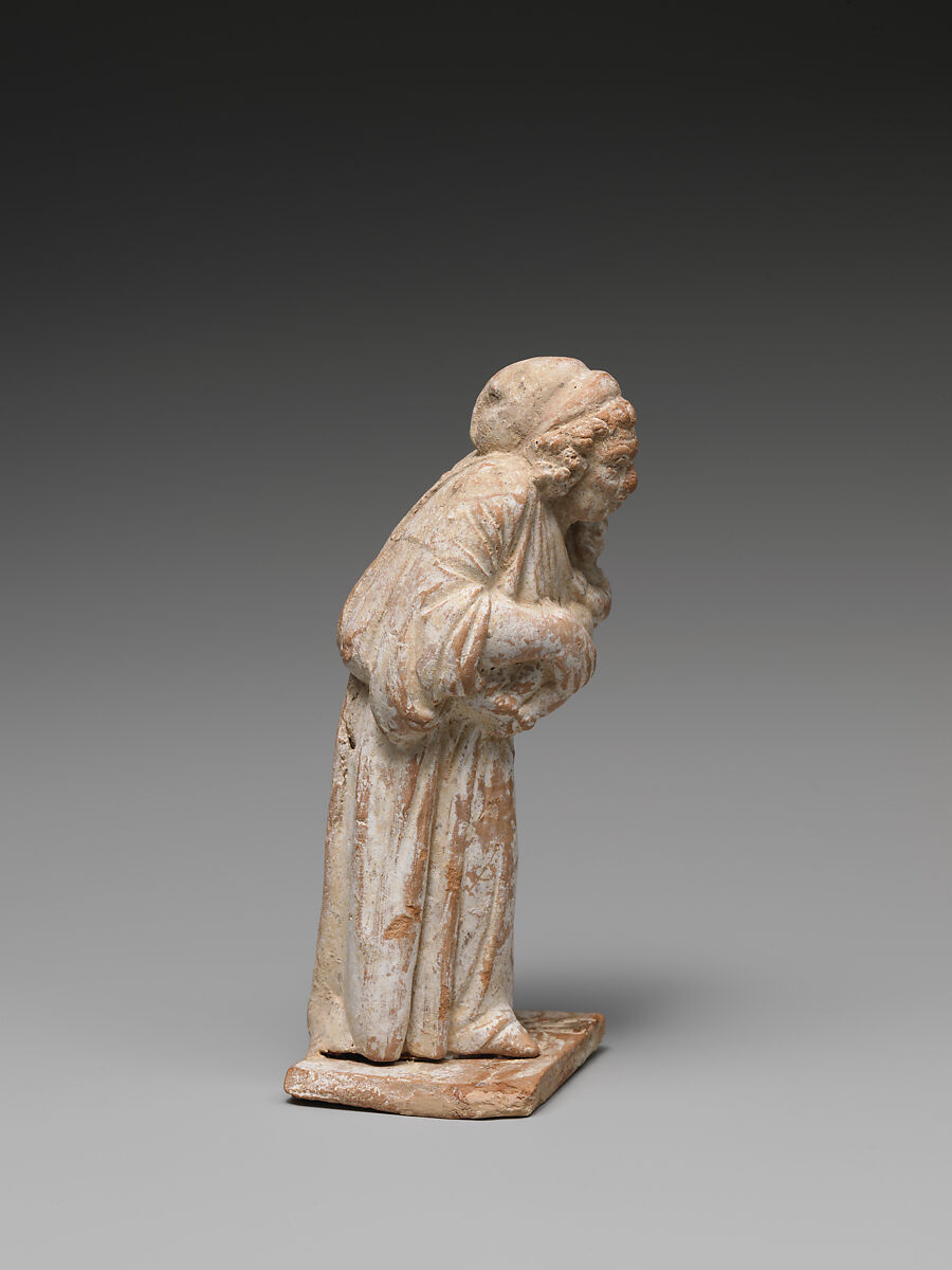 Terracotta statuette of an old nurse holding a child, Terracotta, Greek, Attic or Boeotian