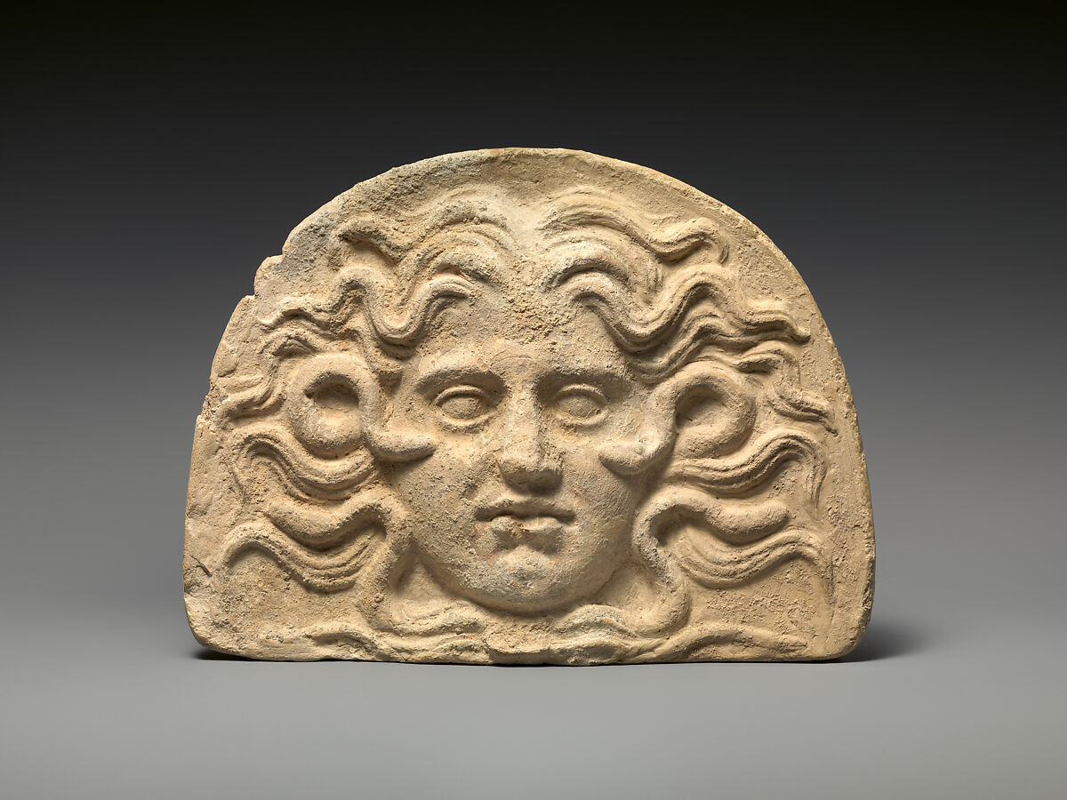 Antefix, head of Medusa, Terracotta, Greek, South Italian 