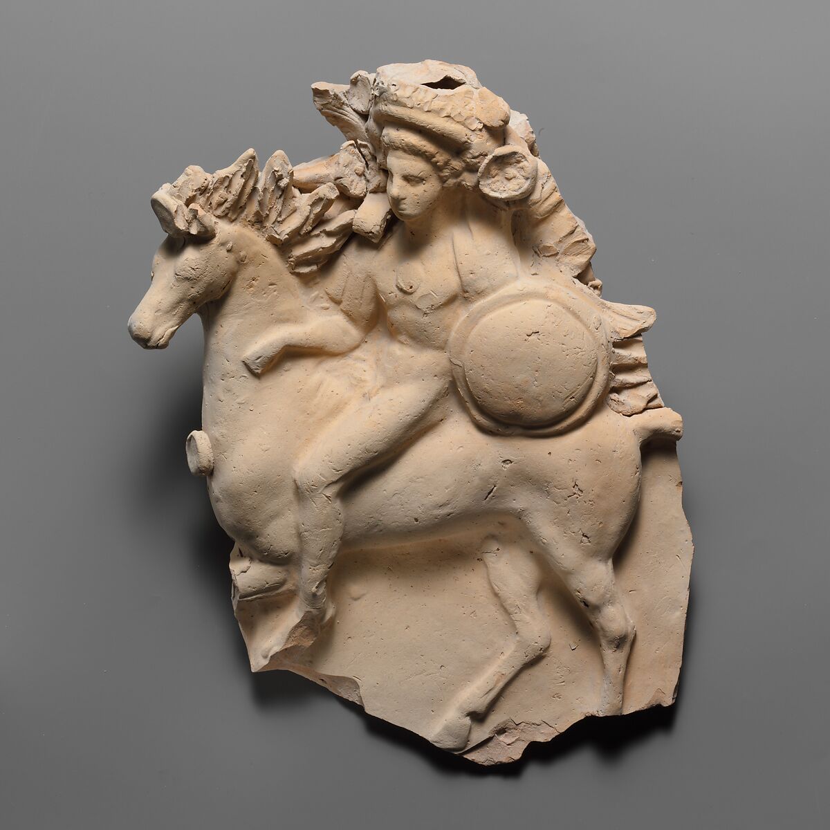 Terracotta relief of a horseman, Terracotta, Greek, South Italian, Tarentine 