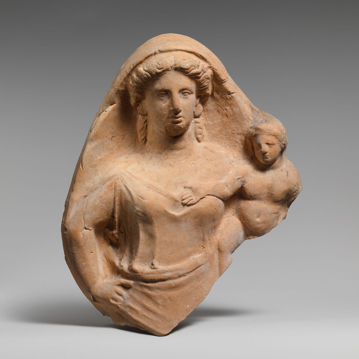 Fragment of a terracotta relief of a woman and child, Terracotta, Greek, South Italian, Tarentine 