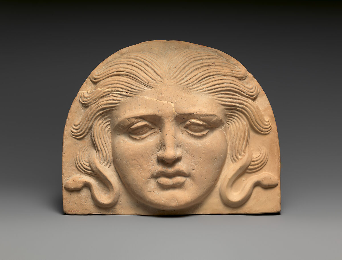 Antefix, head of Medusa, Terracotta, Greek, South Italian 