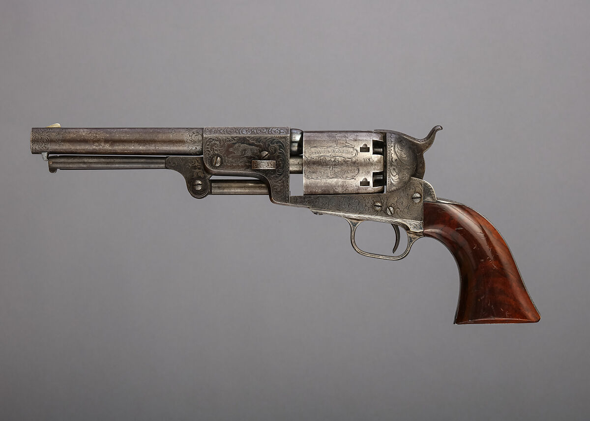 Colt Dragoon Percussion Revolver, Third Model, serial no. 12403, Samuel Colt (American, Hartford, Connecticut 1814–1862), Steel, brass, silver, wood (walnut), American, Hartford, Connecticut 