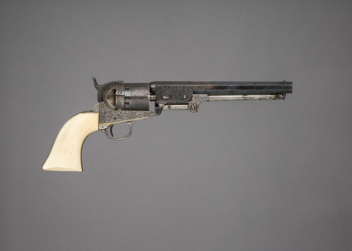 Colt Model 1851 Navy Revolver with Thuer Conversion for Self-Contained Cartridges, Serial no. 27060, Samuel Colt (American, Hartford, Connecticut 1814–1862), Steel, brass, silver, ivory, American, Hartford, Connecticut