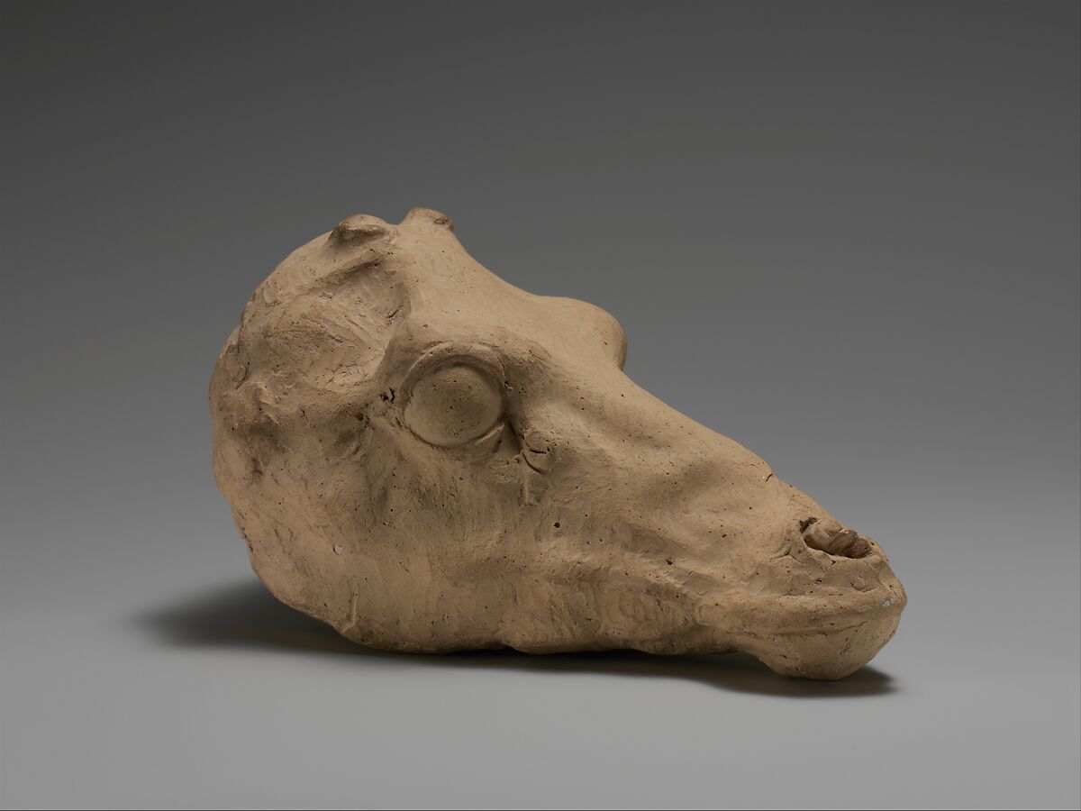 Terracotta head of a deer, Terracotta, Greek, South Italian, Tarentine 