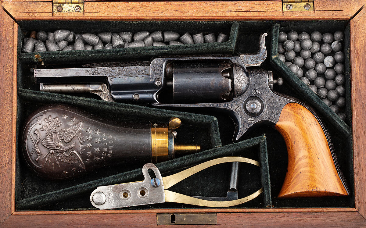 Colt Model 1855 Pocket Percussion Revolver, Serial no. 4460, with Case and Accessories, Samuel Colt (American, Hartford, Connecticut 1814–1862), Steel, wood (oak), American, Hartford, Connecticut