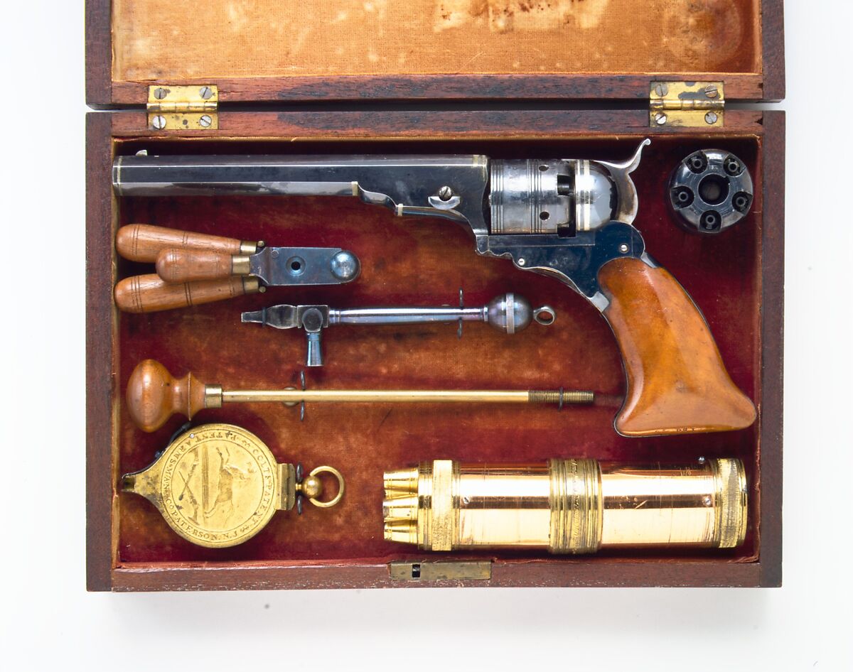 Colt Paterson Percussion Revolver, No. 3, Belt Model, Serial no. 156, with Case and Accessories, Samuel Colt (American, Hartford, Connecticut 1814–1862), Steel, silver, brass, wood (walnut), copper, velvet, American, Paterson, New Jersey 