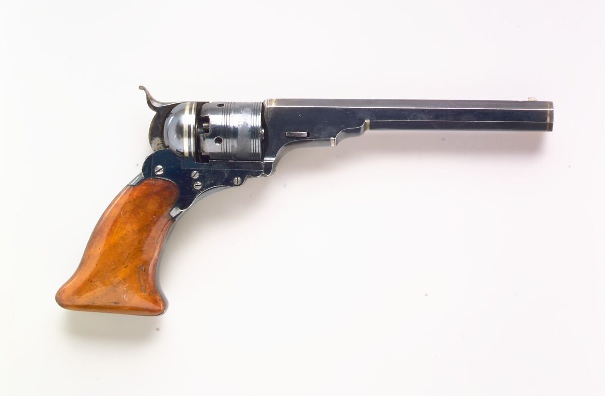 Colt Paterson Percussion Revolver, No. 3, Belt Model, Serial no. 156, with Case and Accessories, Samuel Colt (American, Hartford, Connecticut 1814–1862), Steel, silver, brass, wood (walnut), copper, velvet, American, Paterson, New Jersey