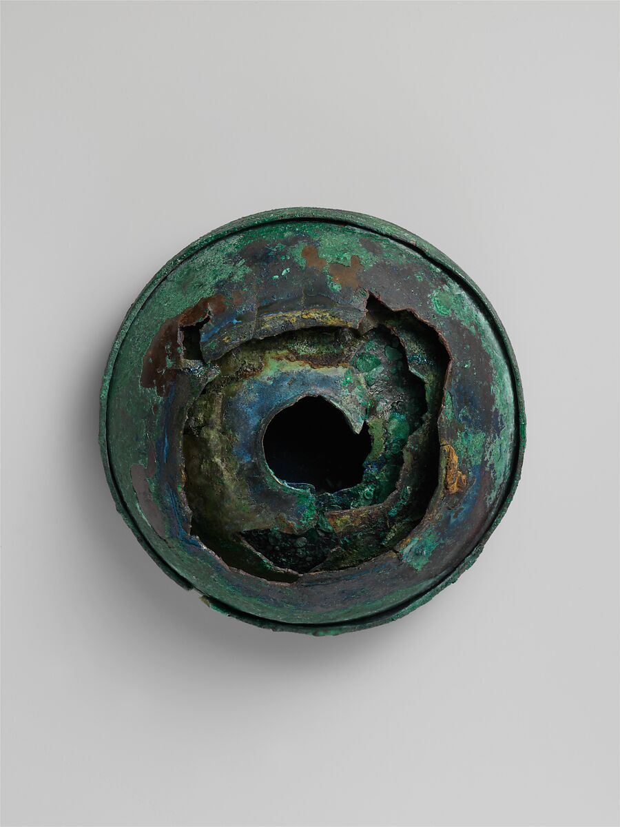 Bronze lid and upper part of an oil flask, Bronze, Praenestine