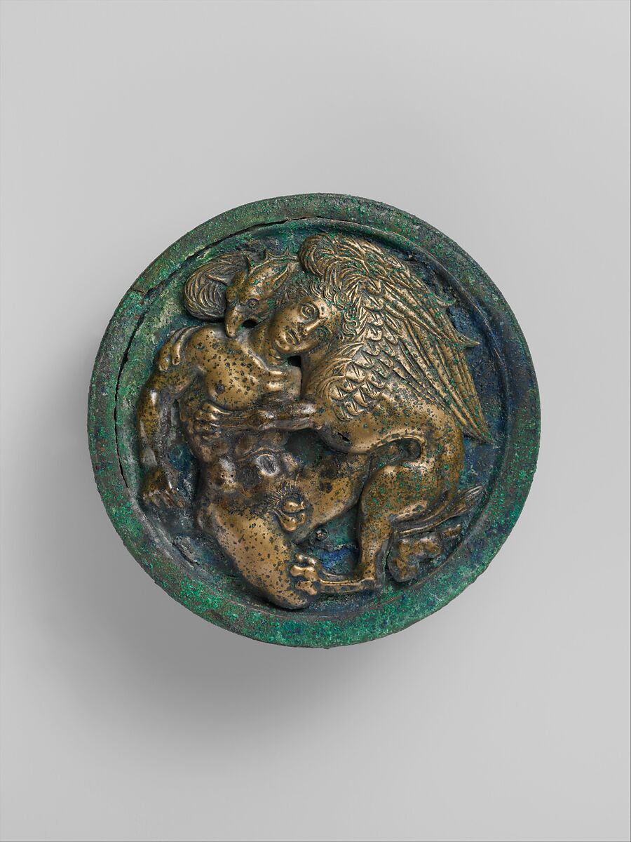 Bronze lid and upper part of an oil flask, Bronze, Praenestine 