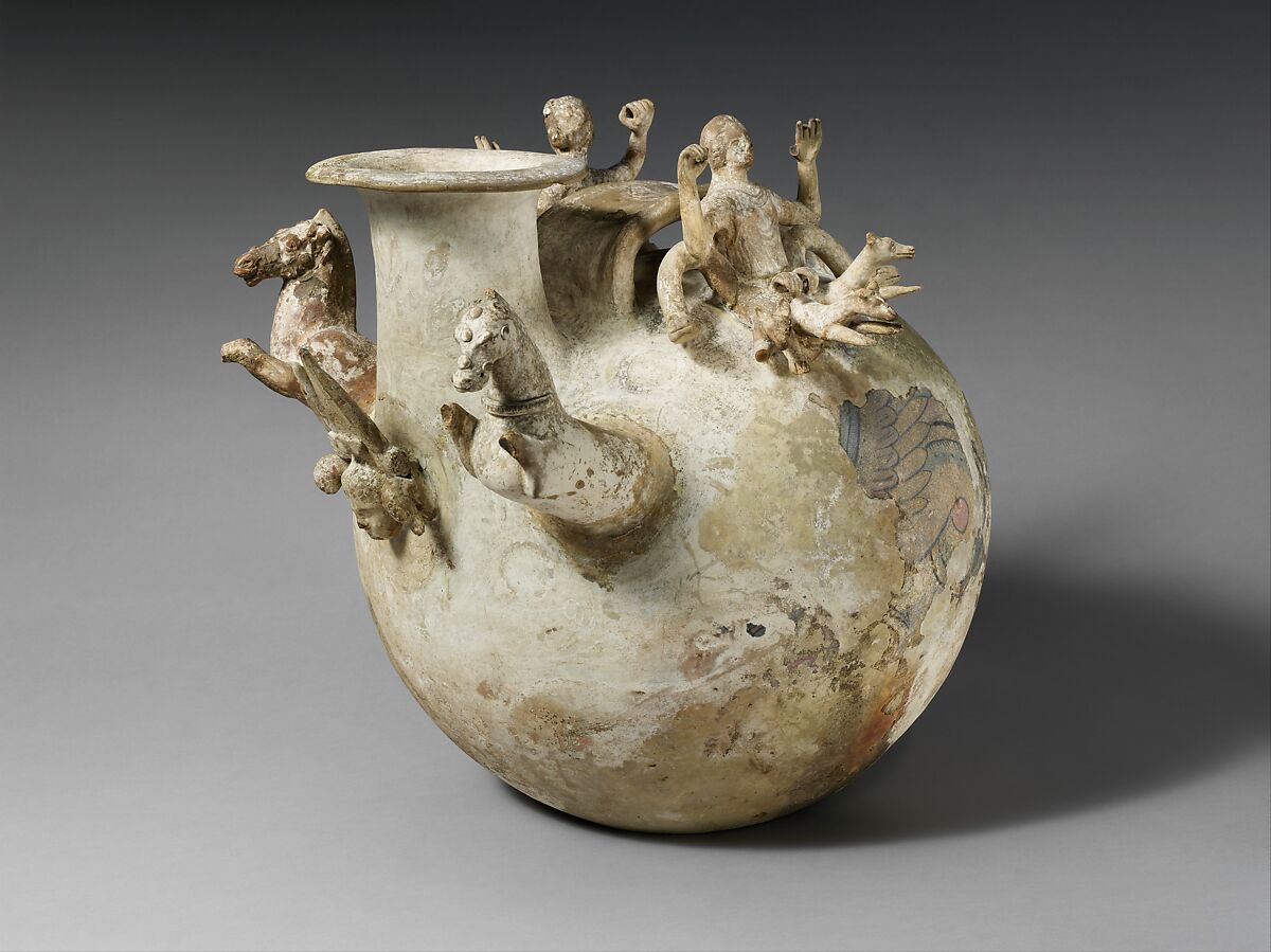 Terracotta askos (flask with a handle over the top), Terracotta, Greek, South Italian, Canosan