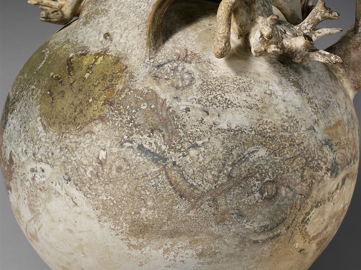 Terracotta askos (flask with a handle over the top), Terracotta, Greek, South Italian, Canosan