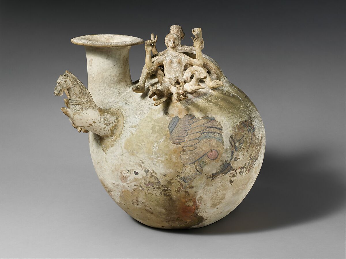 Terracotta askos (flask with a handle over the top), Terracotta, Greek, South Italian, Canosan 