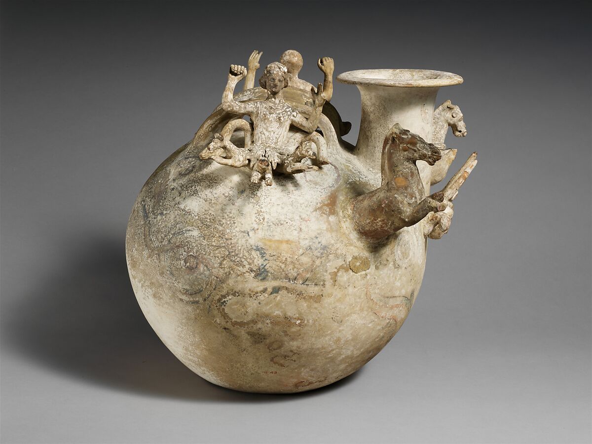 Terracotta askos (flask with a handle over the top), Terracotta, Greek, South Italian, Canosan