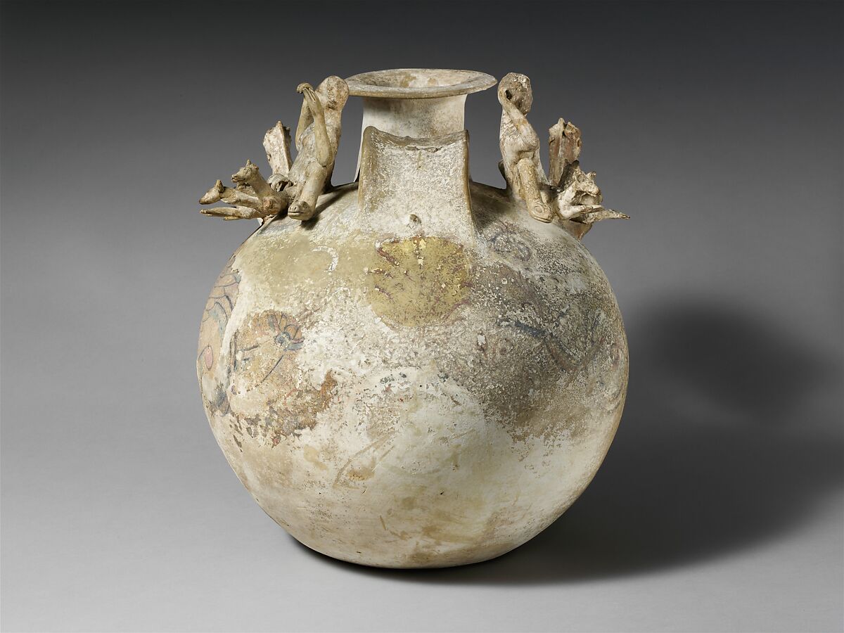 Terracotta askos (flask with a handle over the top), Terracotta, Greek, South Italian, Canosan