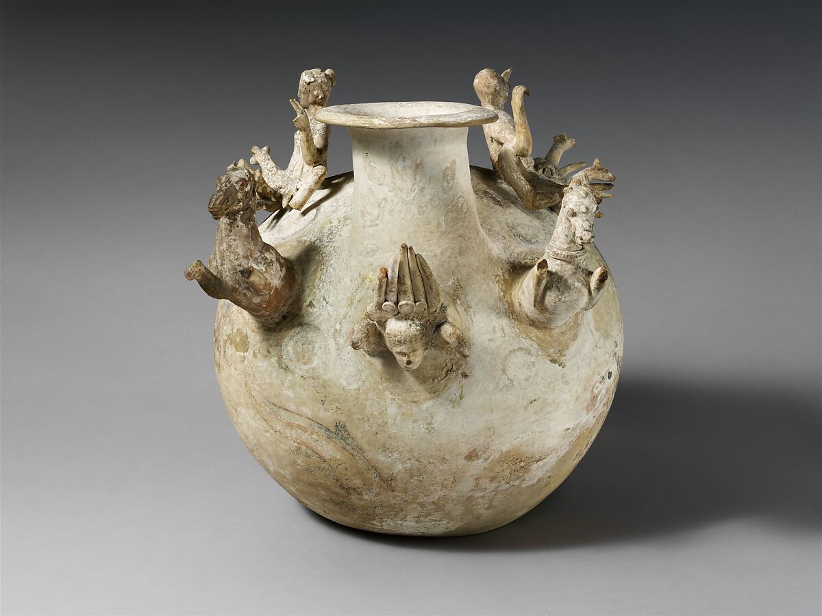 Terracotta askos (flask with a handle over the top), Terracotta, Greek, South Italian, Canosan