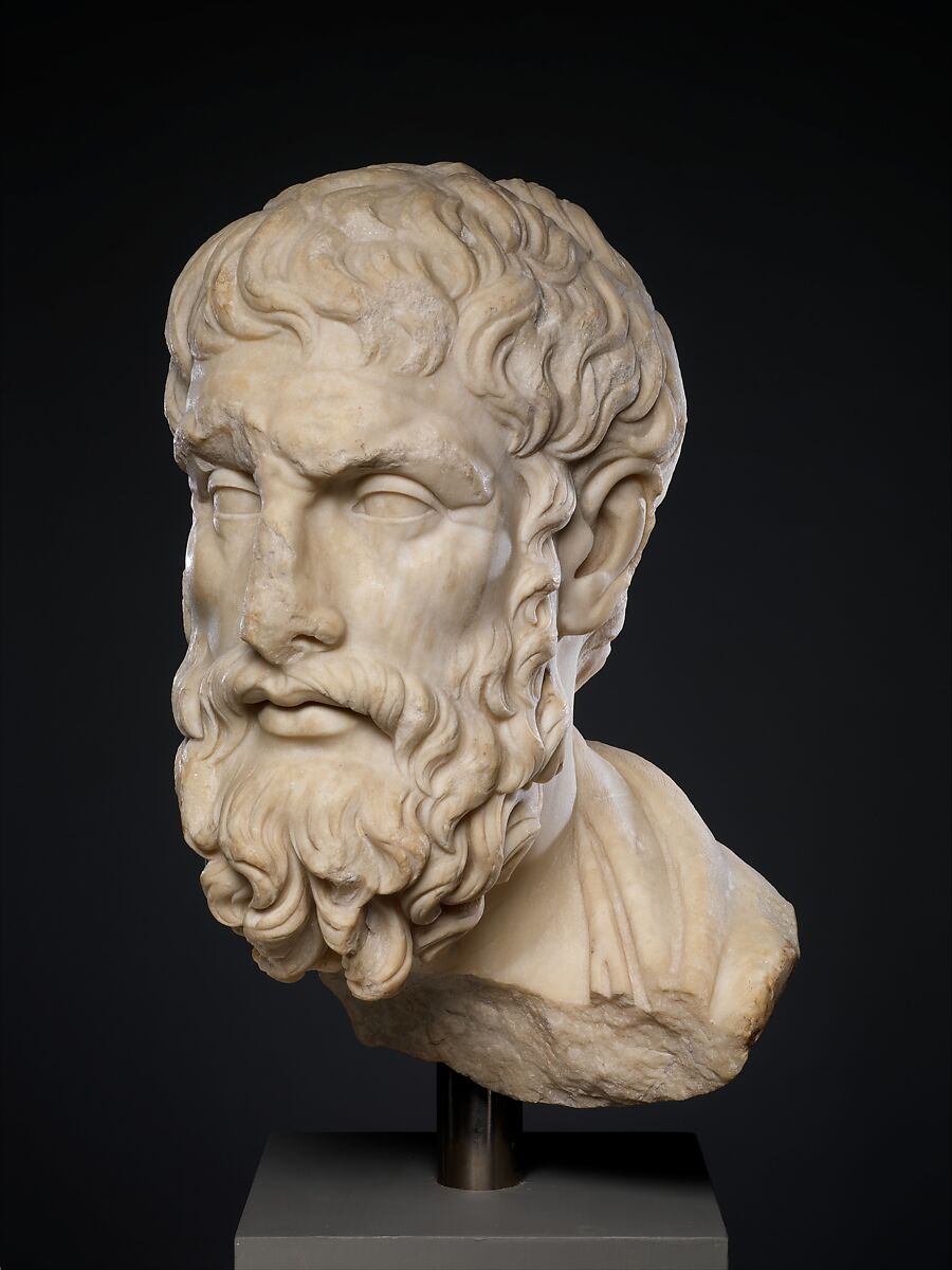Marble head of Epikouros, Marble, Pentelic, Roman