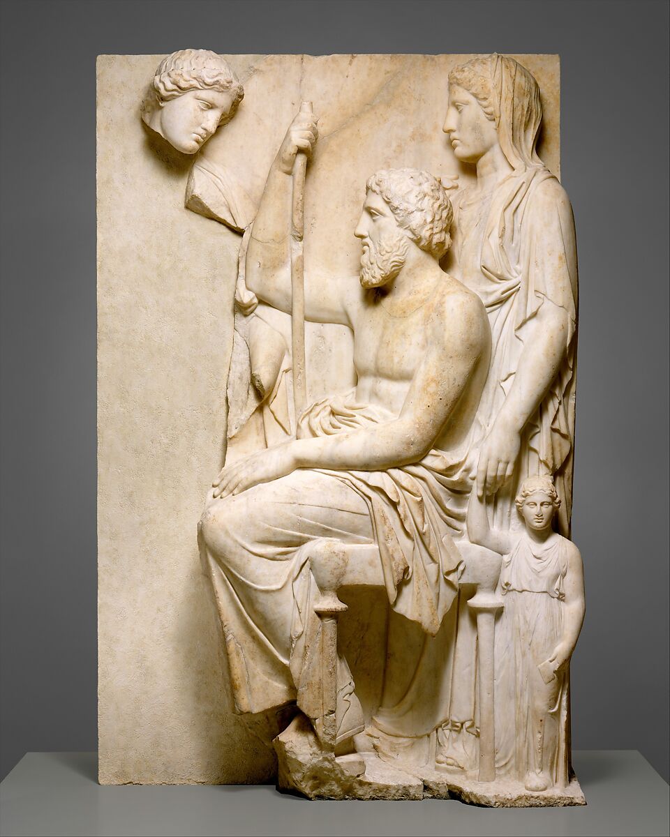 Marble grave stele with a family group, Marble, Pentelic, Greek, Attic