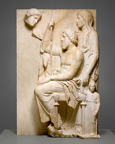 Marble stele (grave marker) of a youth and a little girl, Greek, Attic, Archaic