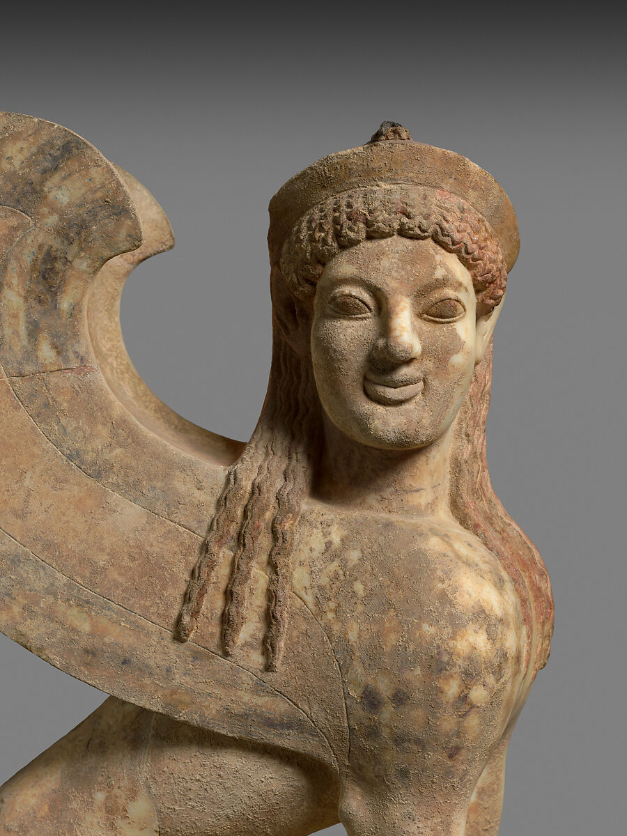 Marble capital and finial in the form of a sphinx, Marble, Parian, Greek, Attic