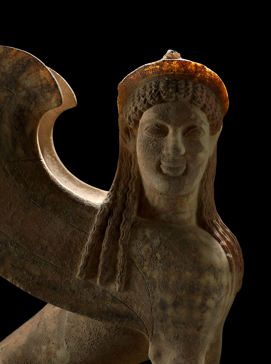 Marble capital and finial in the form of a sphinx, Marble, Parian, Greek, Attic