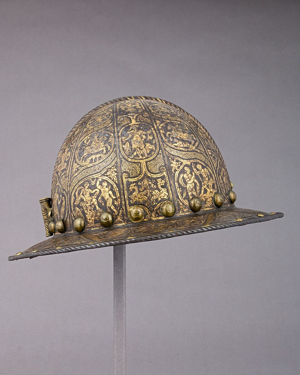 War Hat, Steel, copper alloy, gold, Italian, Milan 