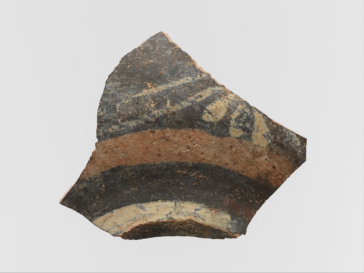 Terracotta vase fragment with floral decoration and bands, Terracotta, Minoan 