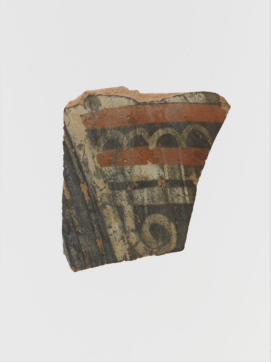 Terracotta fragment of a cup with spiral and bands, Terracotta, Minoan 