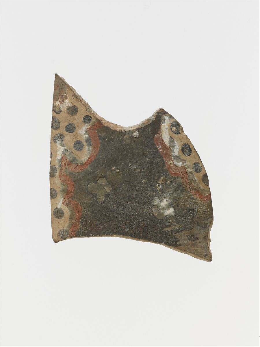 Terracotta vessel fragment with polychrome motifs, Terracotta, Minoan 